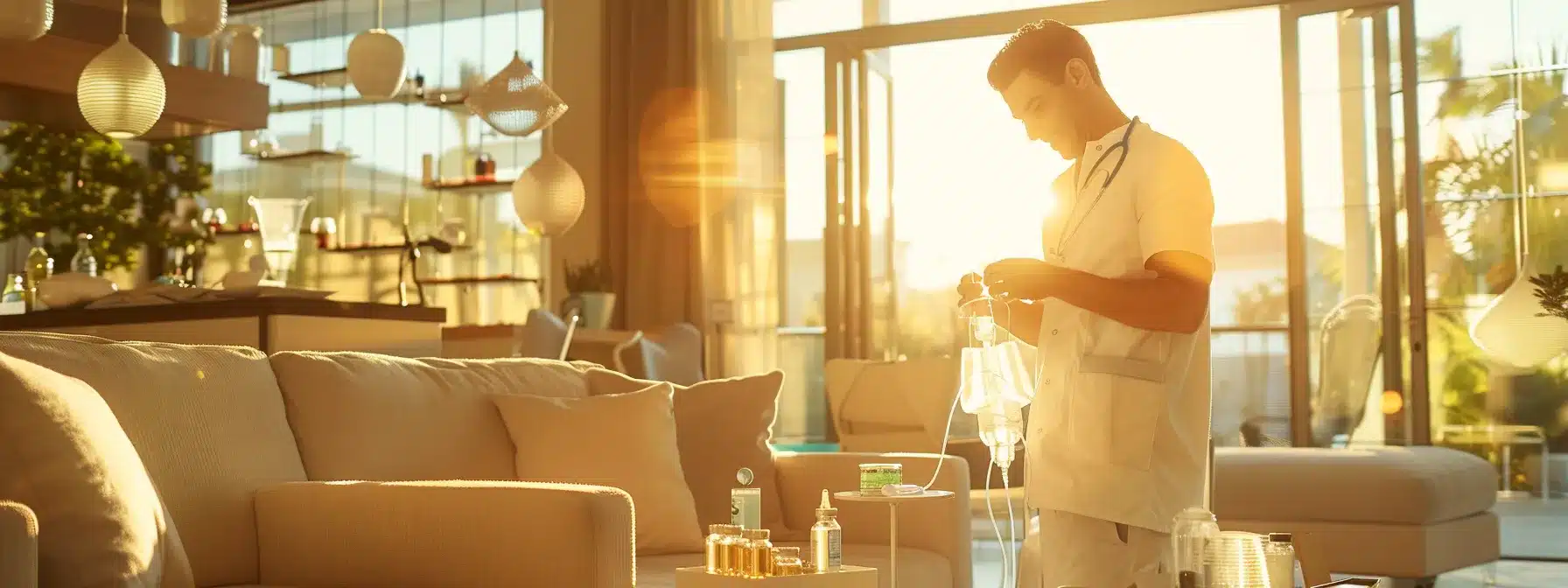 a modern, warmly-lit home setting showcases a professional healthcare provider preparing a mobile iv therapy setup, with clear focus on the iv bag and equipment, conveying a sense of comfort and care for the patient.