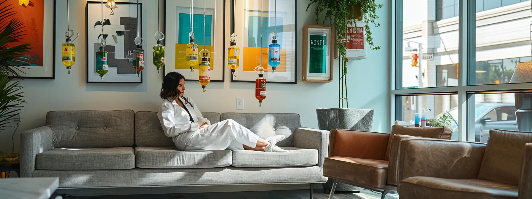 a sleek, modern living room in texas showcases a professional administering a mobile iv therapy treatment, where vibrant iv bags filled with colorful nutrients hang alongside a relaxed client on a stylish couch, emphasizing convenience and wellness in an upscale urban setting.