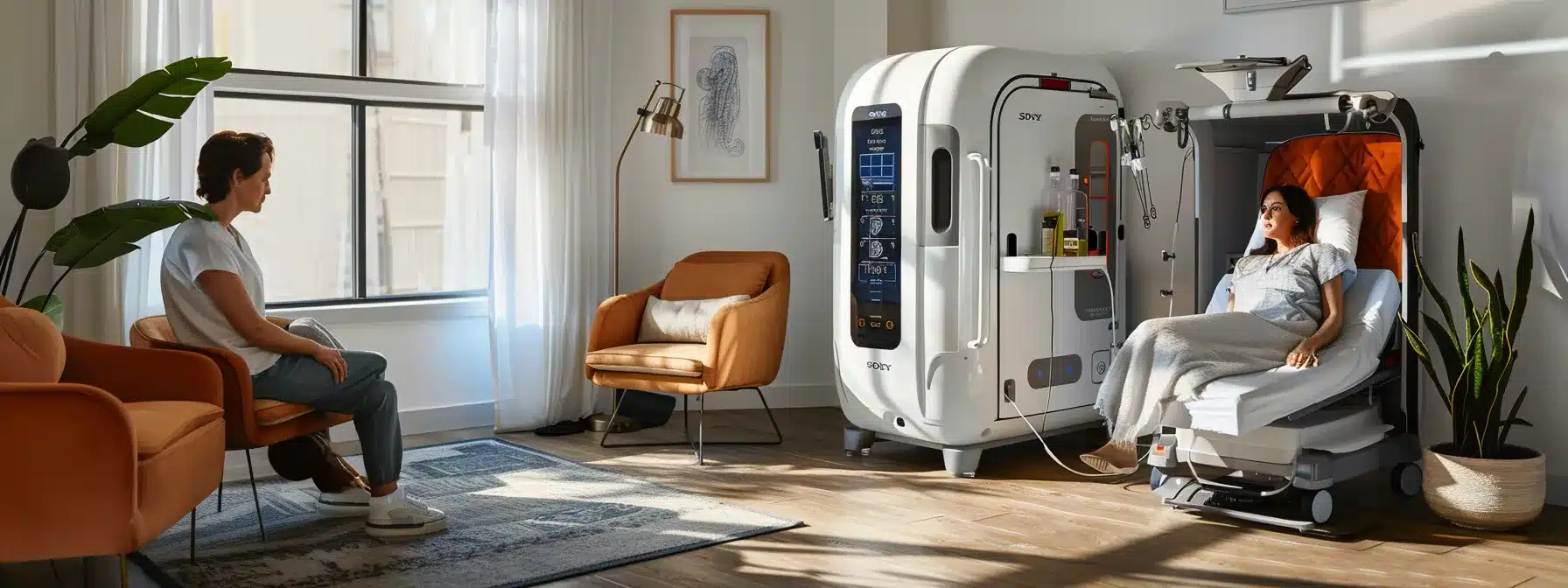 a sleek, modern mobile iv therapy unit is positioned in a stylish, well-lit urban apartment, featuring a cozy sitting area with contemporary furniture, while a health professional prepares an intravenous solution, highlighting the innovative approach to wellness in texas.